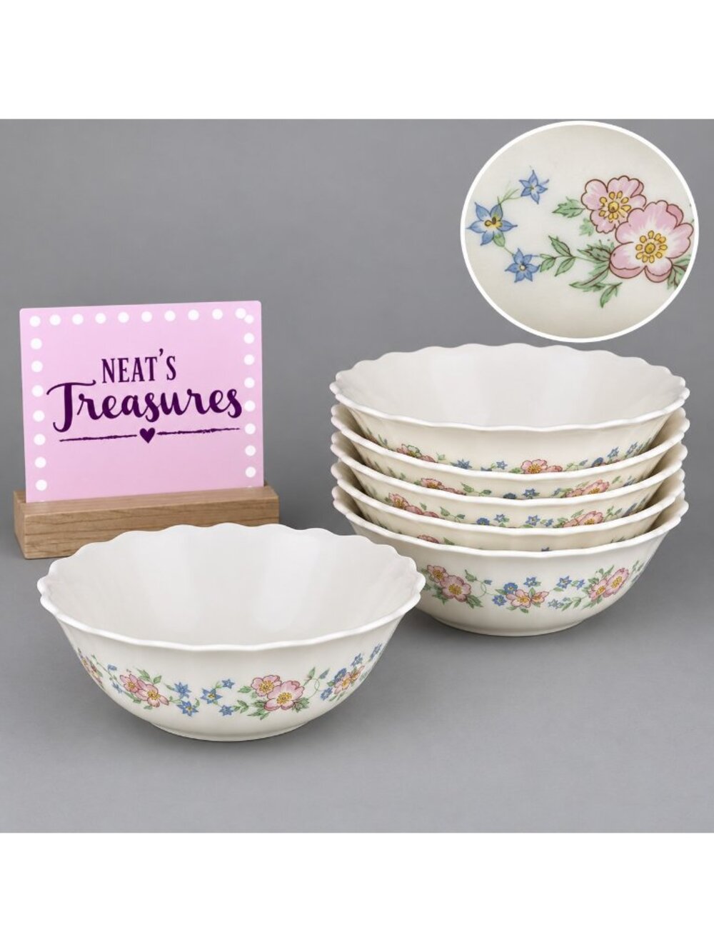 Arcopal CHAMPETRE Pink Blue Flower Ivory Scalloped France Cereal Bowls Set of 6
